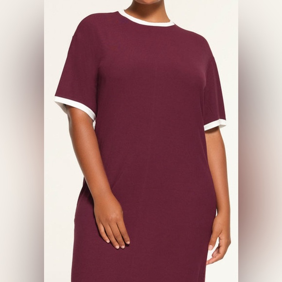 NWT SKIMS Soft Lounge Ringer T-Shirt Dress XS color Maroon Multi - Picture 1 of 4